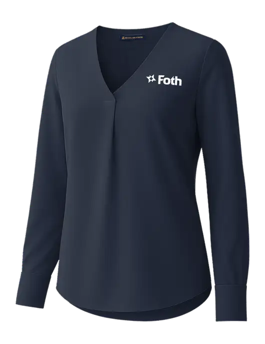 Brooks Brothers Womens Dark Navy Open-Neck Satin Blouse  w/Foth Logo