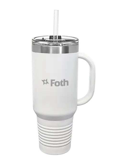 Polar Camel 40 oz. Powder Coated Vacuum Insulated White Travel Mug with Straw w/Foth Logo