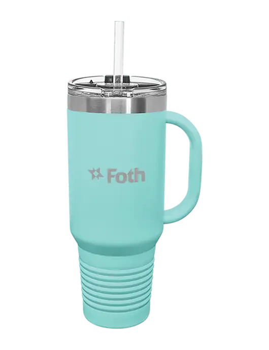 Polar Camel 40 oz. Powder Coated Vacuum Insulated Seafoam Travel Mug with Straw w/Foth Logo