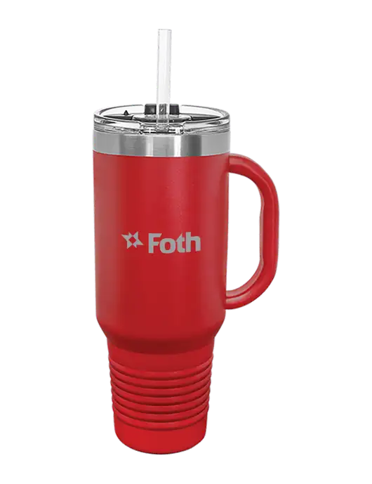 Polar Camel 40 oz. Powder Coated Vacuum Insulated Red Travel Mug with Straw w/Foth Logo