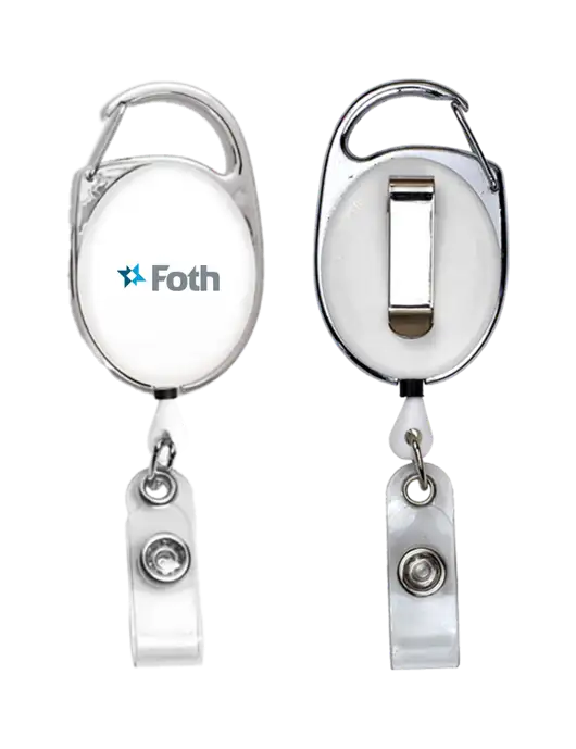 White Carabiner Style Badge Reel and Badge Holder w/Foth Logo